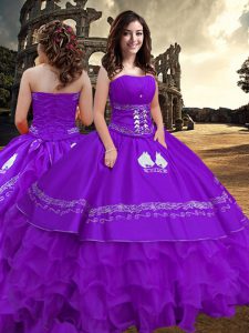Affordable Purple Strapless Zipper Embroidery and Ruffled Layers Quinceanera Dresses Sleeveless
