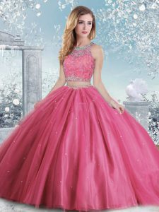 Noble Hot Pink Ball Gowns Tulle Scoop Sleeveless Beading and Sequins Floor Length Clasp Handle Vestidos de Quinceanera