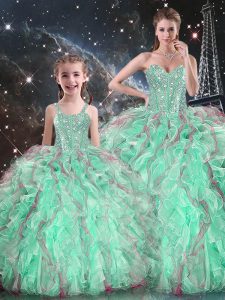 Beading and Ruffles Ball Gown Prom Dress Turquoise Lace Up Sleeveless Floor Length