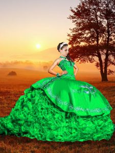 Green Organza Lace Up Ball Gown Prom Dress Sleeveless Brush Train Embroidery and Ruffles