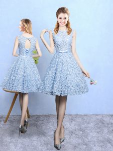 Unique Sleeveless Knee Length Belt Lace Up Bridesmaid Dress with Light Blue
