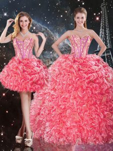Coral Red Organza Lace Up Sweetheart Sleeveless Floor Length Sweet 16 Quinceanera Dress Beading and Ruffles