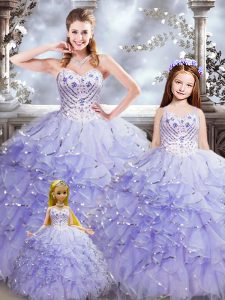 Fantastic Lavender Organza Lace Up Sweetheart Sleeveless Floor Length Quinceanera Dress Beading and Ruffles