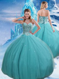 Aqua Blue Sleeveless Tulle Lace Up Quinceanera Gowns for Military Ball and Sweet 16 and Quinceanera