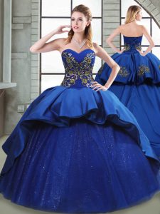 Blue Taffeta Lace Up Sweetheart Sleeveless Quinceanera Dress Court Train Beading and Appliques and Embroidery