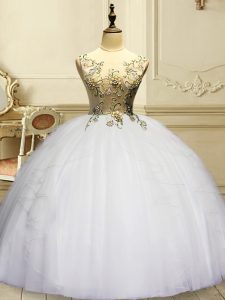 Stylish Floor Length White 15th Birthday Dress Organza Sleeveless Appliques and Ruffles
