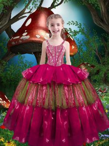 Hot Pink Ball Gowns Straps Sleeveless Organza Floor Length Lace Up Beading and Ruffled Layers Little Girls Pageant Gowns