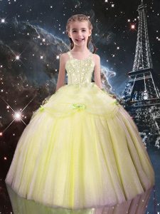 Beading Little Girl Pageant Dress Light Yellow Lace Up Sleeveless Floor Length