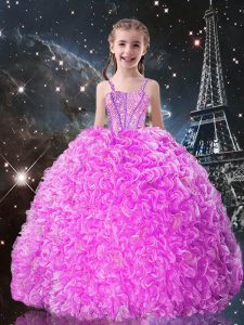 Adorable Ball Gowns Kids Formal Wear Fuchsia Straps Organza Sleeveless Floor Length Lace Up