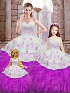 Smart White And Purple Organza Lace Up Sweetheart Sleeveless Floor Length 15th Birthday Dress Beading and Appliques and 