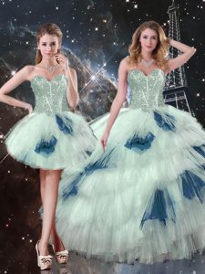 Hot Selling Blue And White Three Pieces Ruffled Layers 15 Quinceanera Dress Lace Up Tulle Sleeveless Floor Length