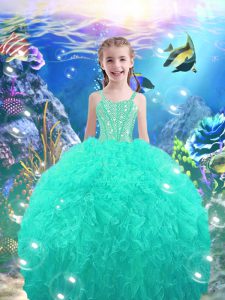 Hot Sale Turquoise Organza Lace Up Pageant Gowns For Girls Sleeveless Floor Length Beading