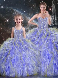 Lavender Ball Gowns Beading and Ruffles Quince Ball Gowns Lace Up Organza Sleeveless Floor Length