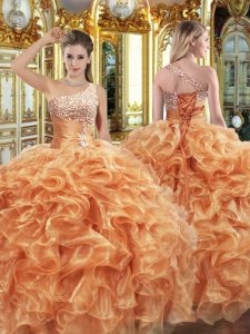 Smart Floor Length Lace Up Sweet 16 Dress Orange for Military Ball and Sweet 16 and Quinceanera with Beading and Ruffles