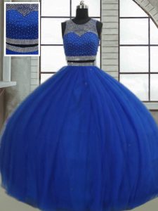 Artistic Royal Blue Scoop Clasp Handle Beading and Sequins Sweet 16 Dress Sleeveless