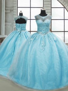 Aqua Blue Ball Gown Prom Dress Tulle Brush Train Sleeveless Beading