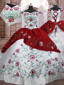 White And Red Sleeveless Floor Length Embroidery and Ruffled Layers Lace Up 15 Quinceanera Dress