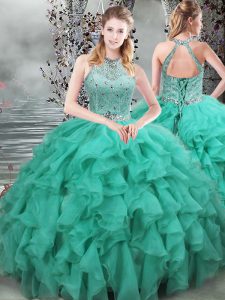 Ball Gowns Sleeveless Turquoise 15th Birthday Dress Brush Train Lace Up