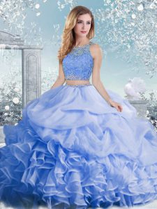 Fitting Baby Blue Organza Clasp Handle Scoop Sleeveless Floor Length Sweet 16 Quinceanera Dress Beading and Ruffles and 