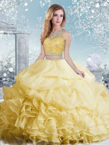 Smart Two Pieces Sweet 16 Dresses Yellow Bateau Organza Sleeveless Floor Length Clasp Handle
