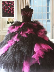 Excellent Pink And Black Ball Gowns Tulle Sweetheart Sleeveless Beading and Ruffles Floor Length Lace Up Ball Gown Prom 