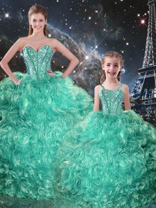 Perfect Organza Sweetheart Sleeveless Lace Up Beading and Ruffles Sweet 16 Dresses in Turquoise