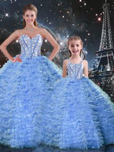 Cheap Blue Sleeveless Floor Length Beading and Ruffles Lace Up 15 Quinceanera Dress