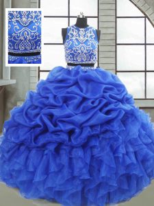 Enchanting Organza Scoop Sleeveless Zipper Beading and Ruffles and Pick Ups Quinceanera Gown in Royal Blue