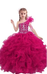 Trendy Floor Length Lace Up Kids Formal Wear Fuchsia for Quinceanera and Wedding Party with Beading and Ruffles