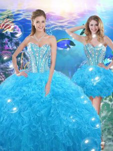 Glittering Floor Length Ball Gowns Sleeveless Baby Blue Quinceanera Dress Lace Up