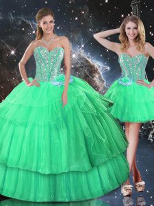 Nice Apple Green Ball Gowns Sweetheart Sleeveless Organza Floor Length Lace Up Ruffled Layers and Sequins 15 Quinceanera