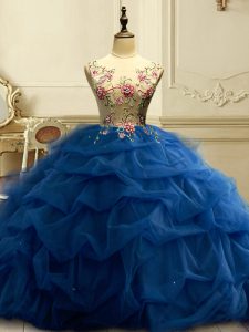 Custom Designed Sleeveless Floor Length Appliques and Ruffles and Sequins Lace Up Vestidos de Quinceanera with Navy Blue