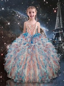 Stunning Organza Straps Sleeveless Lace Up Beading and Ruffles Kids Formal Wear in Multi-color