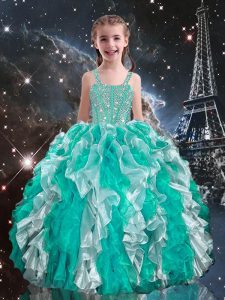 Excellent Straps Sleeveless Organza Little Girls Pageant Gowns Beading and Ruffles Lace Up