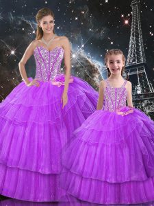 Pretty Purple Sleeveless Organza and Tulle Lace Up Quinceanera Gown for Military Ball and Sweet 16 and Quinceanera