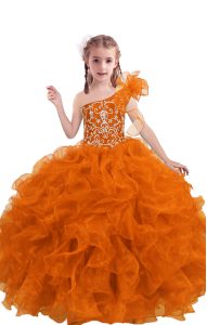 Floor Length Orange Red Pageant Gowns For Girls One Shoulder Sleeveless Lace Up
