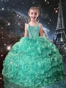 Floor Length Lace Up Girls Pageant Dresses Turquoise for Quinceanera and Wedding Party with Beading and Ruffles