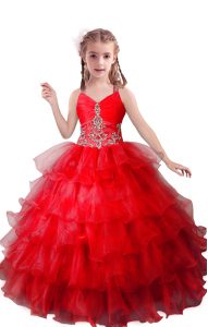 Excellent Beading and Ruffled Layers Pageant Dress for Girls Red Zipper Sleeveless Floor Length