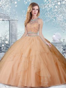 Sleeveless Floor Length Beading Clasp Handle Quinceanera Dresses with Champagne