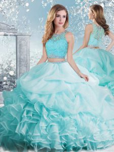Organza Scoop Sleeveless Clasp Handle Beading and Ruffles and Pick Ups Sweet 16 Dress in Aqua Blue