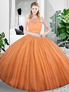 Organza Scoop Sleeveless Zipper Lace and Ruching Sweet 16 Dresses in Orange