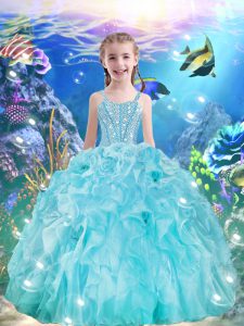 Stunning Floor Length Lace Up Little Girls Pageant Dress Aqua Blue for Quinceanera and Wedding Party with Beading and Ru