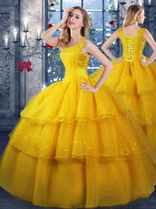 Fine Gold Sleeveless Organza Lace Up Sweet 16 Quinceanera Dress for Military Ball and Sweet 16 and Quinceanera