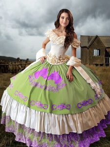 Captivating Taffeta Off The Shoulder Sleeveless Brush Train Lace Up Embroidery and Ruffled Layers Sweet 16 Dress in Mult