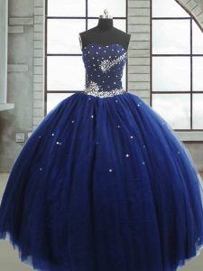 Eye-catching Floor Length Navy Blue 15 Quinceanera Dress Sweetheart Sleeveless Lace Up
