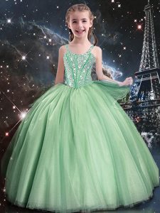 Apple Green Tulle Lace Up Little Girls Pageant Dress Sleeveless Floor Length Beading