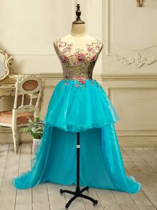Baby Blue Ball Gowns Embroidery Prom Gown Lace Up Organza Sleeveless High Low