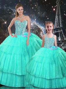 Turquoise Sweet 16 Dresses Military Ball and Sweet 16 and Quinceanera with Ruffled Layers Sweetheart Sleeveless Lace Up