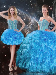 Glorious Sleeveless Floor Length Beading and Ruffles Lace Up Quince Ball Gowns with Baby Blue