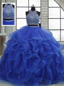 Floor Length Royal Blue Quinceanera Dress Halter Top Sleeveless Lace Up